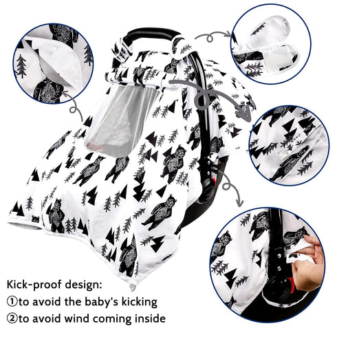 Cozy Baby Carseat Cover Boys, Newborn Car seat Canopy, Minky & Warm Cover, Winter Carrier Cover with Peep Windows, Soft