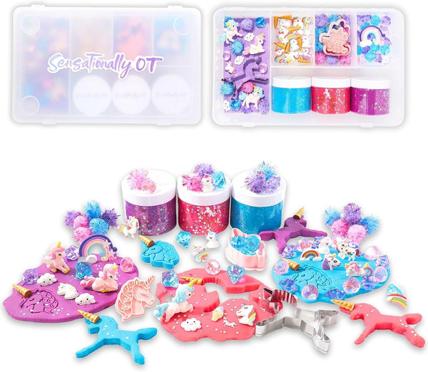 Unicorn Sensory Dough Kit (3 Jars) Non-Toxic Dough with Unicorn Cutters, Charms,