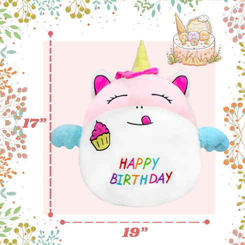 17" Birthday Unicorn Plush Pillow, Cute Soft Stuffed Animal for Kids' Birthday Gifts and Home Decoration