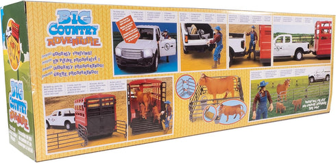 Country 18pc Playset, 3+ Big Toys: Truck & Cattle Trailer Adventure - Farm Toy Light-Sound White Pickup, Articulated