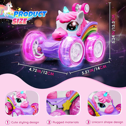 Innofans 360 4WD 3-6 7-9 10-12 Unicorn Remote Control Car for Girls, Rotating Stunt RC Cars with Cute Cool LED Lights