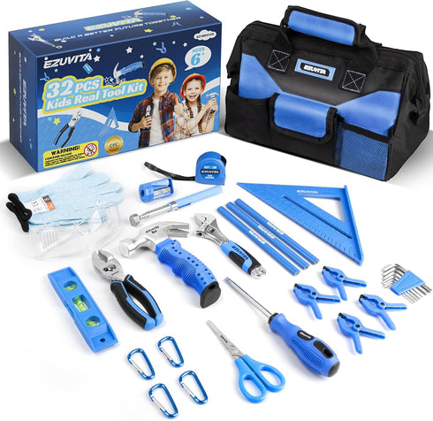 32-Piece Kids Real Tool Set, Blue Kids Size with 12 Storage Bag,
