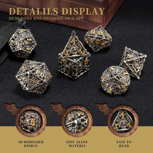 3D Beholder Metal DND Dice Set, Antique Polyhedral D&D Dice for Dungeons and Dragons, Halloween Gift (Black-Eye)