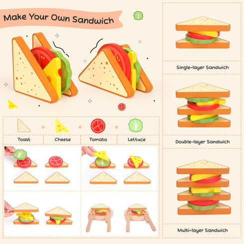 Playset, 31 Sets 3+ Wooden Toy Picnic Pcs Wooden Play Food Sandwich Stacking Toys for Kids Pretend Play Cutting Food