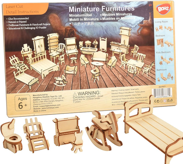 BOHS 34-Piece Dollhouse Furniture Set, Laser Cut Wooden 3D Puzzles for Miniature Doll House DIY Models