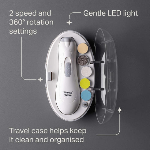 Tommee Settings Tippee Electric Baby Nail File and Clipper, Battery-Powered with Six Filing Heads, LED Light