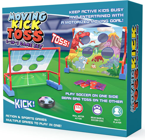 2-in-1 Moving Kick Toss Games for Kids - Light Up Hover Soccer Ball with Animal Bean Bag Toss, Indoor Outdoor Birthday