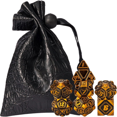 Metal UFO Dice Set: 7 Die Metal Polyhedral Dice for DND Role Playing Games with Skull Bag (Ancient Gold)