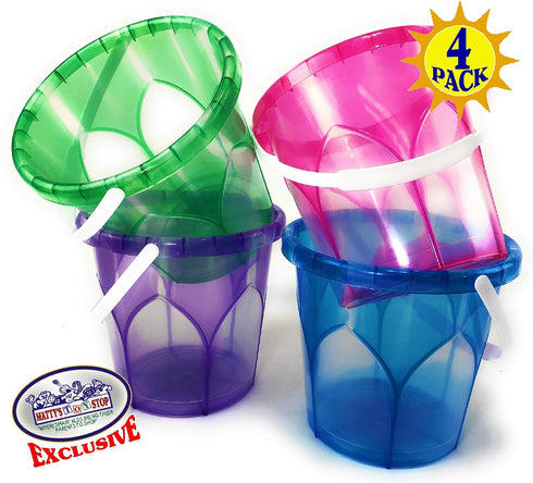 6.5" Set 4 Pack Matty's Toy Stop Beach Gear Opaque Plastic Sand Buckets (Pails) Blue, Pink, Green & Purple Party Bundle