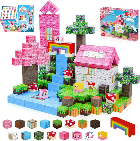 Goody King Magnetic Blocks | 100PCS Magnet Building Cube Game for Kids Age 3-10, Pink Castle Magnet World Set, STEM