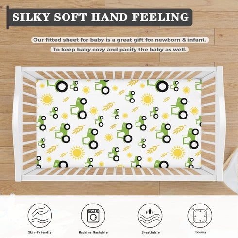 QINBEIDU 28"x52" Green Tractor Farm Fitted Crib Sheet Yellow Sun and Rice Crops Standard Crib Mattress Fitted Sheet