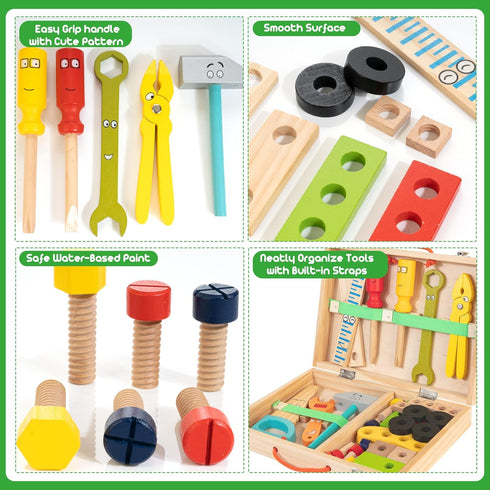 Bravmate Toddler Tool Set with Portable Tool Box & DIY Stickers, Wooden Kids Tool Sets for Boys Girls Age 2-4