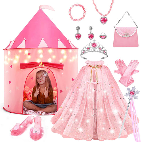 WTOR Princess Castle Play Tent Dress Up with LED Glow Stars, 15Pcs Cape & Crown for Girls, Indoor & Outdoor Use (Pink)