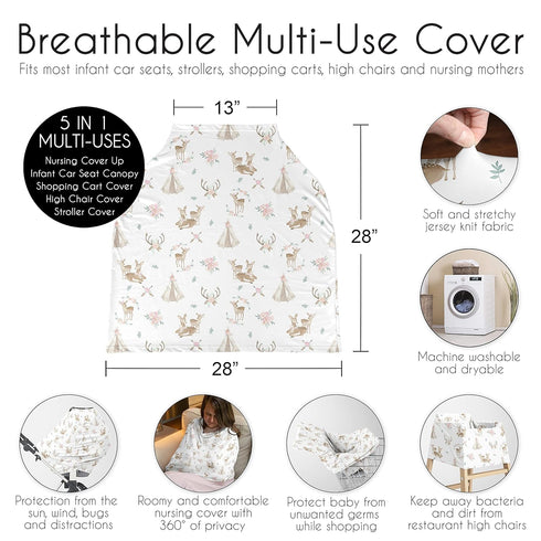 Sweet Jojo Designs Woodland Deer Floral Girl Infant Baby Car Seat Cover Nursing Breastfeeding Shopping Cart Stroller