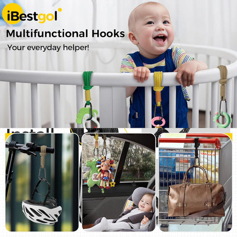 iBestgol Mommy Black-4pc Baby Stroller Hooks, Universal Clips for Diaper and Bags, Heavy-Duty Hangers with Straps