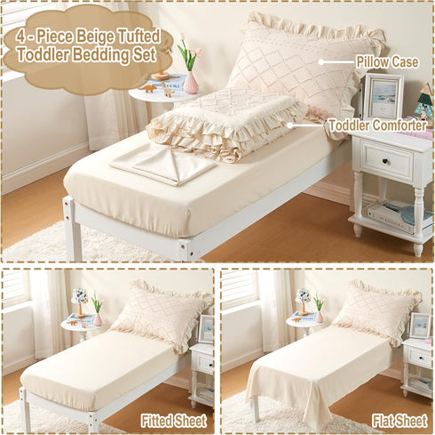 Set 4-Piece Set Set Toddler Bedding for Girls Beige Boho Tufted Toddler Comforter Jacquard Tufts Ruffle Fringe