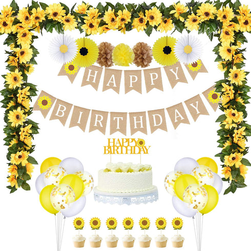 33 Pieces Sunflower Party Supplies, Happy Birthday Banner, Big Cake Topper, Yellow Sunflower Cupcake Topper, Garland