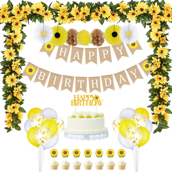 33 Pieces Sunflower Party Supplies, Happy Birthday Banner, Big Cake Topper, Yellow Sunflower Cupcake Topper, Garland
