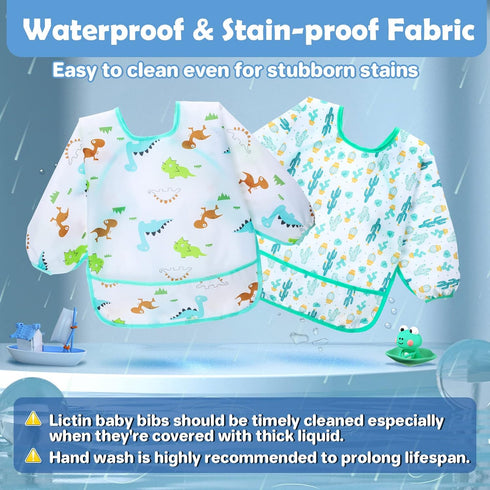 Lictin Long Sleeve Baby Bibs for Boy or Girl,Fully Waterproof Toddler Bibs,2-5 years Neutral Baby Smock for Eating,Reusable Infant Wearable Bibs for Feeding Teething or Weaning,Easy to Clean,5 Pcs
