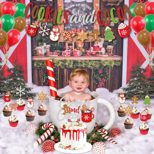 Cookies and Cocoa Party Decorations, Cookies and Cocoa Banner Snowflake Snowman Gingerbread Man Garland Cake Topper