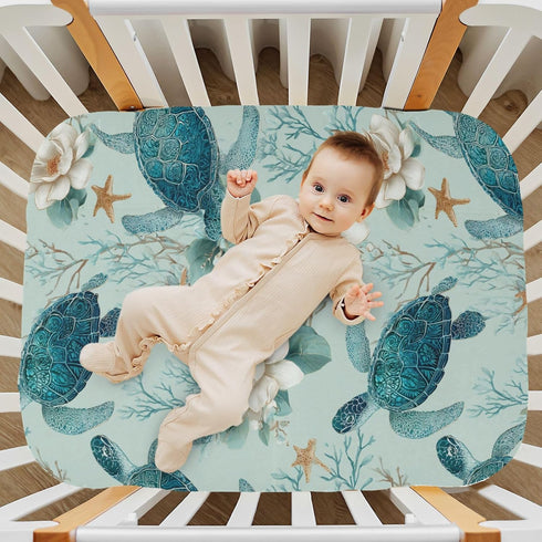 Pigsaly 27x39 Inch Crib Sheets Sea Turtles Flowers Baby Sheet for Standard Crib Mattress Boys Girls Toddler Bed Sheets