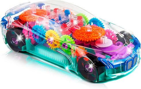 ArtCreativity Light Up Transparent Sensory Car Toy for Kids, 1PC Bump and Go with Colorful Gears and Music