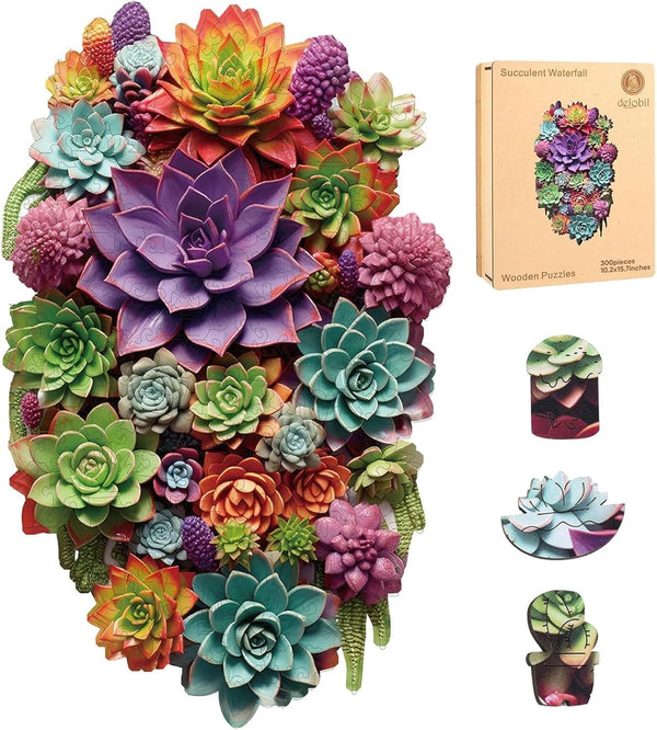 Delobil Succulent Waterfall Wooden Puzzles, 300 Pieces Jigsaw Puzzles, Unique Design Wooden