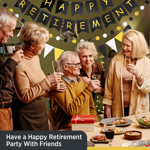 Happy Retirement Banner, GAGAKU Black and Gold Party Decorations Kit, Gold Glitter Paper Pennant for Farewell