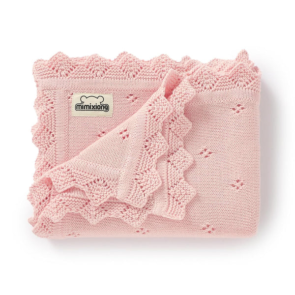 mimixiong Cotton Baby Blanket - Knitted Crochet Receiving Crib Swaddling Blankets for Newborn, Pastel Pink