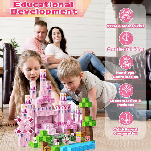 100PCS Sets, 3 4 5 6 7 8-12 Magnetic Blocks - Magnetic Building Block for Kids, Build Pink Princess Castle Magnet Cubes