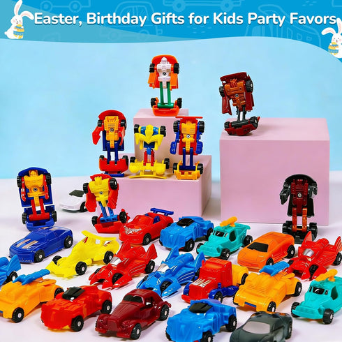 28 Pack 14 Easter Basket Stuffers, Transforming Car Robot Toys Easter Gifts for Kids Classroom Exchange Style Mini
