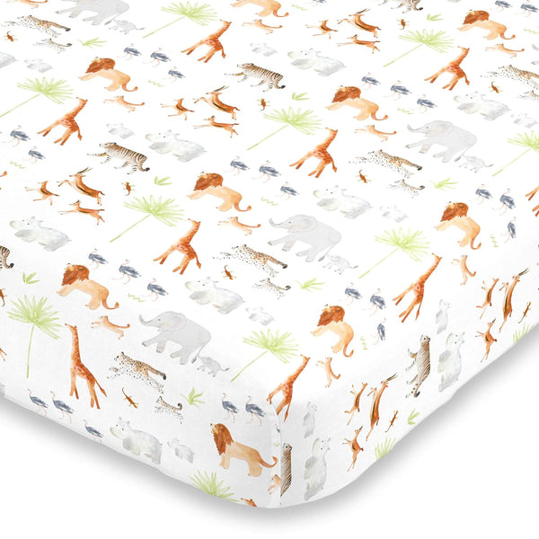 NoJo Watercolor Jungle Animals Fitted Crib Sheet