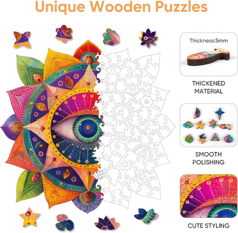 500 16.5'' 16.4'' Mys Aurora Mandala Wooden Puzzles for Adults, Piece Unique Shaped Wood Evil Eye Jigsaw Puzzles