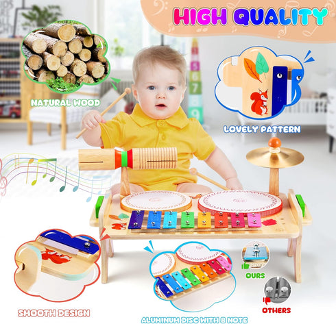 Kids Drum Set for Toddlers - 7 in 1 Montessori Preschool Musical Toys, Drum Kit, Xylophone, Tambourine Birthday Gifts