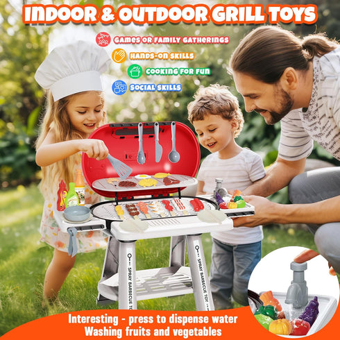 Playset 2-Layer Set,Indoor 3 4 5 6 7 8 Kids Grill Play Kitchen Toys, Kids BBQ Grill Kitchen with Smoke, Sound & Light
