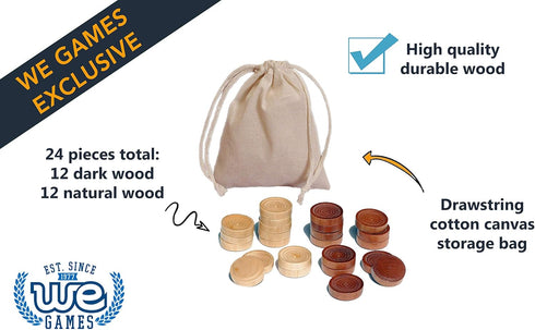 WE Games Wooden Checkers Pieces Only, 24 Stackable Brown and Natural Game Pieces with Drawstring Bag, 1.5 Inch Diameter