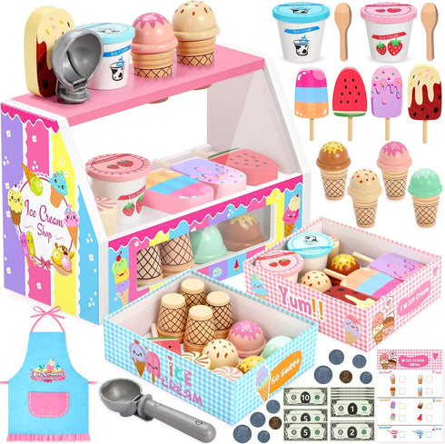 INNOCHEER Ice Cream Toy, Wooden Ice Cream Play Set, Pretend Play Kitchen