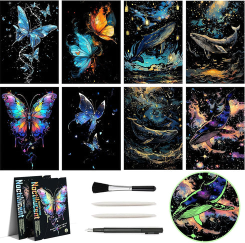 Glow in The Dark Scratch Art Rainbow Painting Paper 8 Sheet with Pen, Engraving Landscape Scratchboard (A4) for Kids