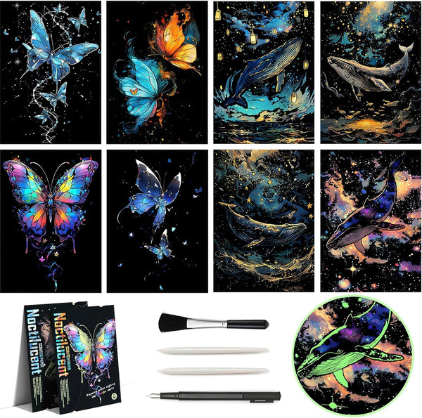 Glow in The Dark Scratch Art Rainbow Painting Paper 8 Sheet with Pen, Engraving Landscape Scratchboard (A4) for Kids
