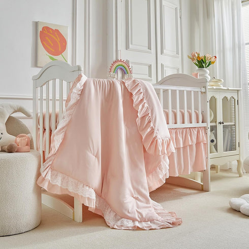 Set 3 Lace Ruffle Crib Bedding Pieces Baby Boho Lace Quilted Comforter with Fitted Sheet and Bed Skirt - Cute Ruffled