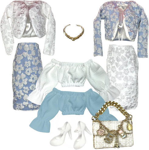 Eledoll Deluxe Fashion Pack Clothes, Blue & White Skirt Suit for 12 inch Fashion Doll FORGET ME NOT Set