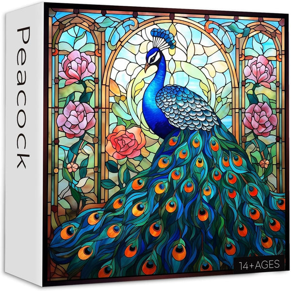Stained Glass Peacock Puzzle 1000 Pieces, Vintage Bird Art Jigsaw Puzzle, Colorful Garden Decor for Adults