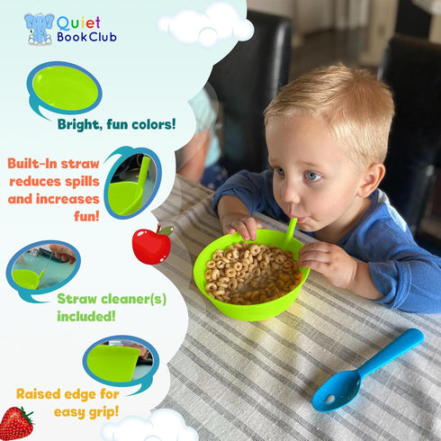Cereal Bowls with Straws for Kids, Plastic Bowls with Built-in Straw for Toddlers, Dishwasher Safe, BPA FREE for Boys