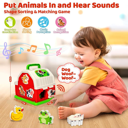 1 2 3 set 12-18 Montessori Toys for Year Old Boys Girls, Musical Barn Farm Animal for Toddler, Shape Sorting