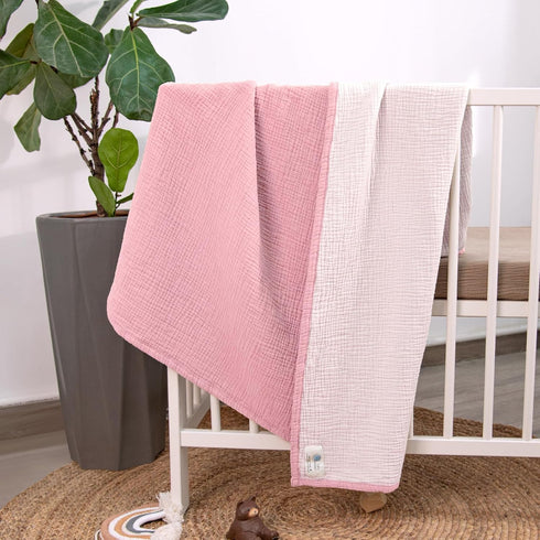 4-Layer 47"x47"(Pink) lulumoon Muslin Baby Blanket for Girls: Soft Cotton Toddler Blanket for Daycare - Reversible