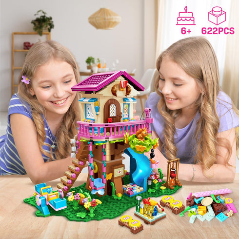 HOGOKIDS Tree House Building Set with LED Light, 622pcs Treehouse Building Blocks Toys, Forest Up House Kit with Slide