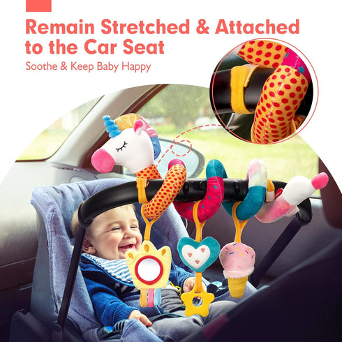 hahaland Car Seat Toys for Babies 0-6 Months Girl - Rattle, Mirror, Crinkle, Squeaky Stroller Toys for Development