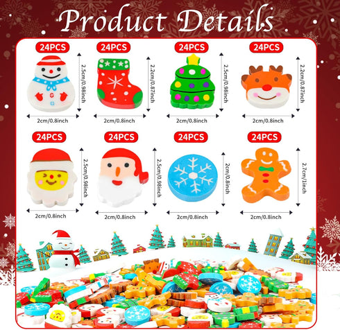 FOIMAS 192pcs Christmas Erasers Bulk for Kids, Large Xmas Pencil Erasers Santa Snowflake Tree Stocking Stuffer Gift