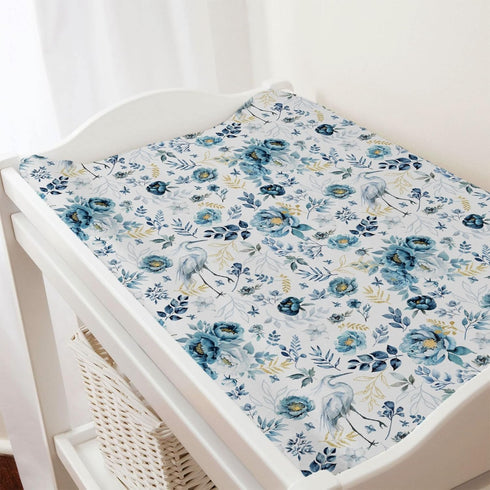 Watercolor Crane Blue Flowers Changing Pad Covers, Birds Boho Retro Floral, Soft Breathable Stretch Baby Mats 32''x16''