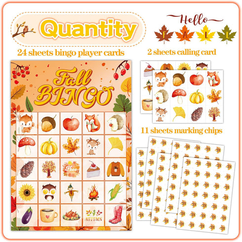 Joy Bang Fall Bingo Games for Kids and Adults, Thanksgiving Bingo Cards for 24 Players, Fall Party Supplies